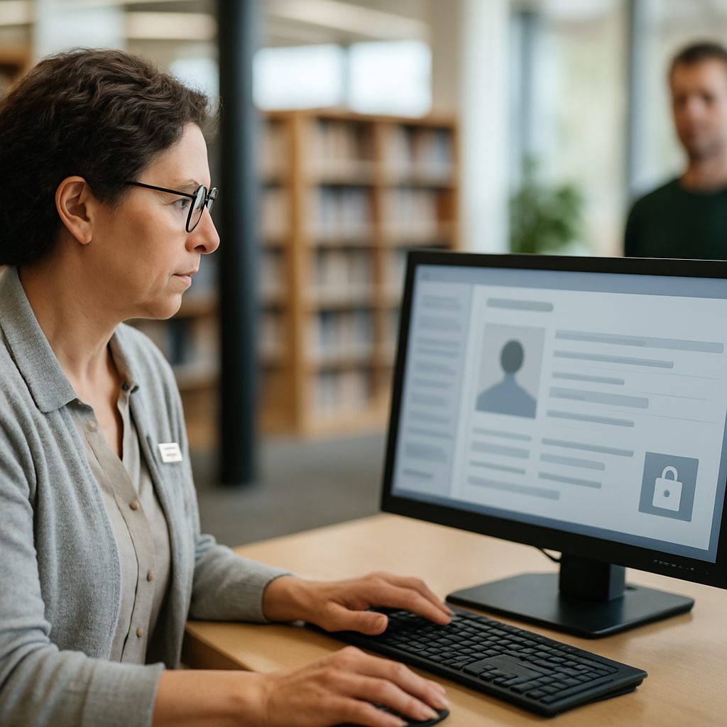 A librarian uses a secure computer at a library service desk while patron information