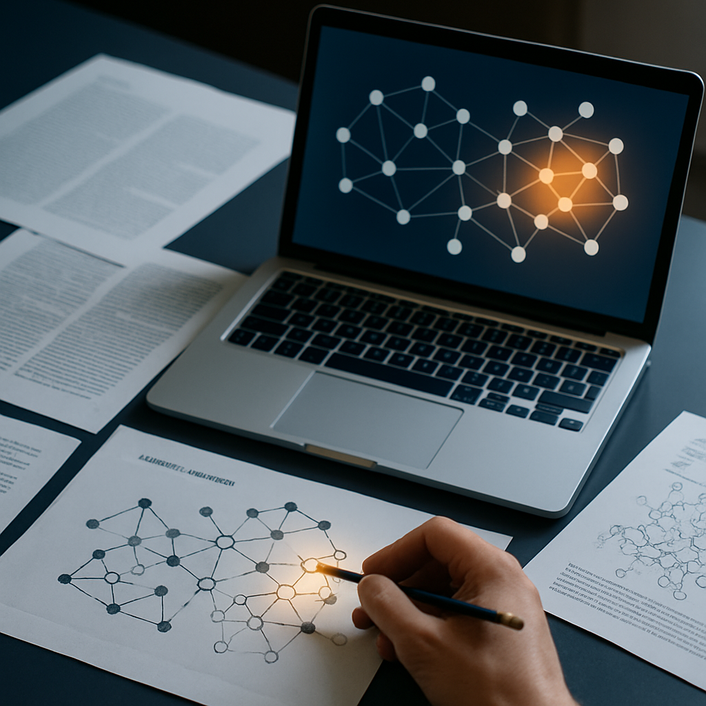 A researcher connects academic papers and citation-network diagrams while an emerging topic cluster is
